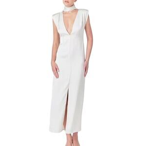 Endless Rose Women’s Deep V Satin Maxi Dress Cream Size Large Elegant Style